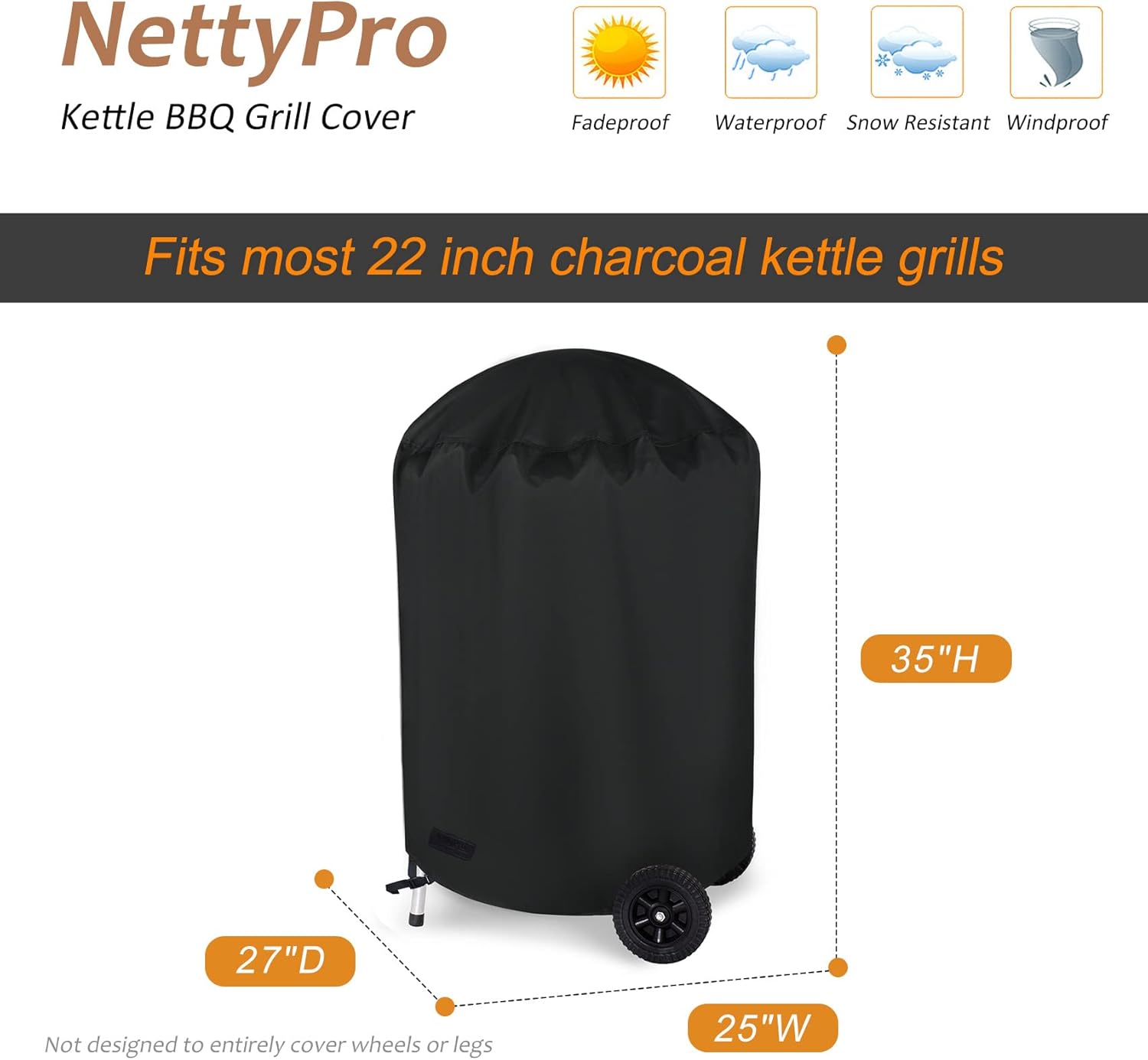 NettyPro Grill Cover for Charcoal Kettle Grill 22 inch, Heavy Duty Waterproof Outdoor Round Smoker Cover, Fade and UV Resistant Small BBQ Grill Cover, 27" W x 25" D x 35" H, Black