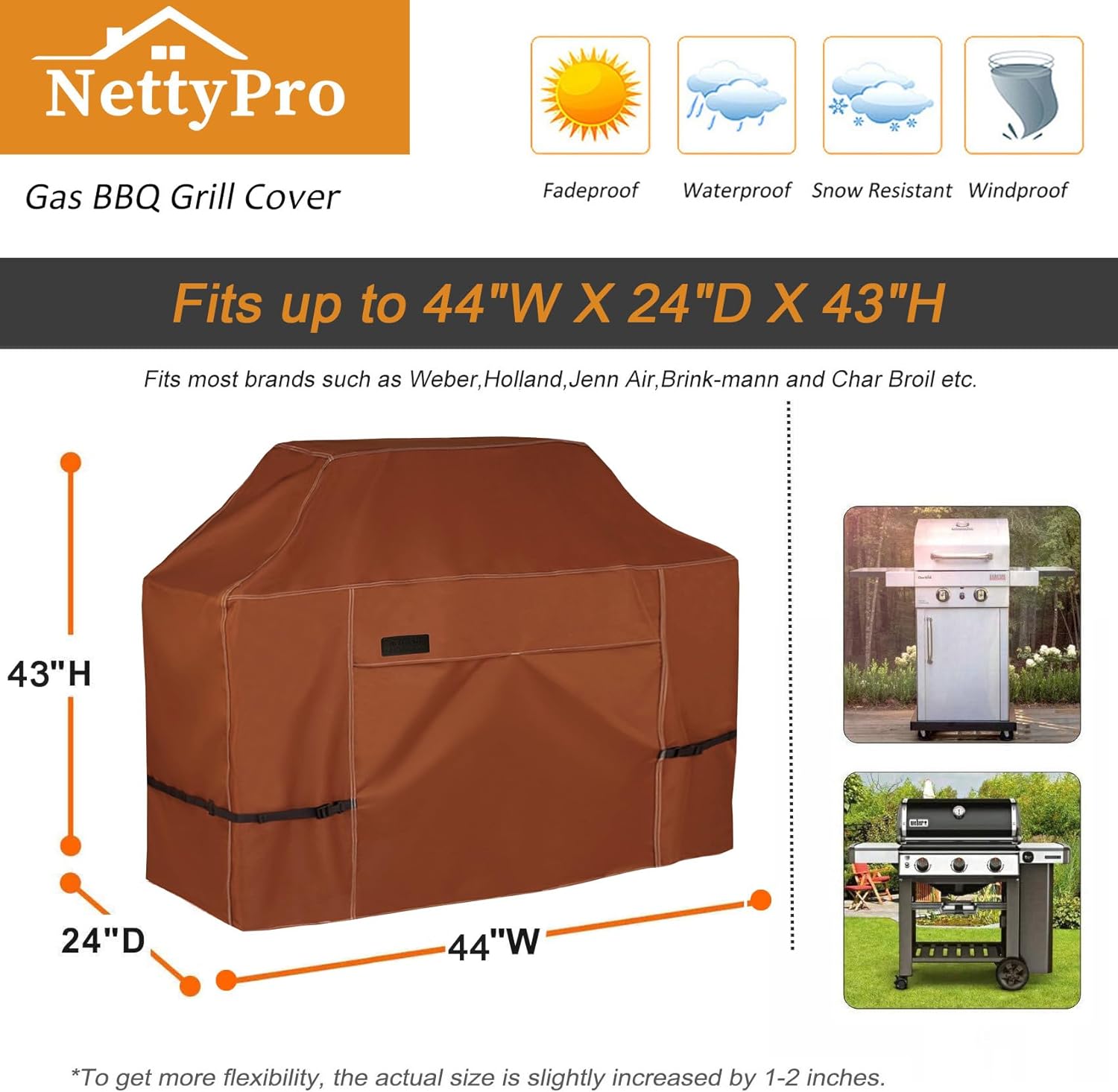 NettyPro Waterproof Heavy Duty BBQ Grill Cover 3-6 Burner Gas Barbecue Grill Cover,Fadeproof & UV Resistant, Barbecue Gas Grill Cover for Weber, Char-Broil, Brinkmann, Jenn Air, Nexgrill Grills and More, 52" 56“ 60” 68" 70“ Inch optional,Brown color