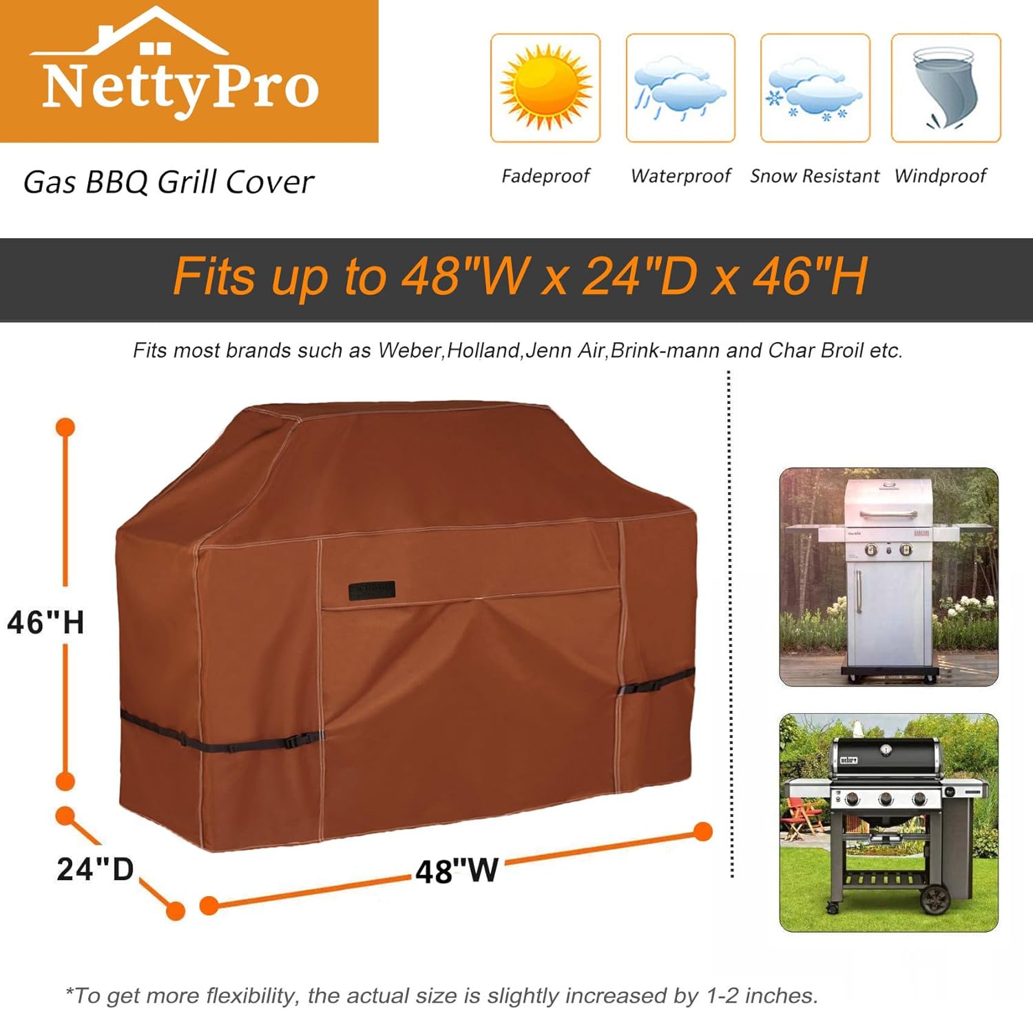 NettyPro Waterproof Heavy Duty BBQ Grill Cover 3-6 Burner Gas Barbecue Grill Cover,Fadeproof & UV Resistant, Barbecue Gas Grill Cover for Weber, Char-Broil, Brinkmann, Jenn Air, Nexgrill Grills and More, 52" 56“ 60” 68" 70“ Inch optional,Brown color