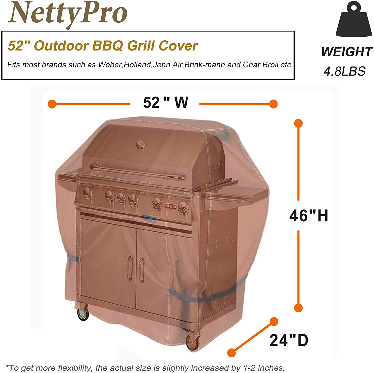 NettyPro Waterproof Heavy Duty BBQ Grill Cover 3-6 Burner Gas Barbecue Grill Cover,Fadeproof & UV Resistant, Barbecue Gas Grill Cover for Weber, Char-Broil, Brinkmann, Jenn Air, Nexgrill Grills and More, 52" 56“ 60” 68" 70“ Inch optional,Brown color