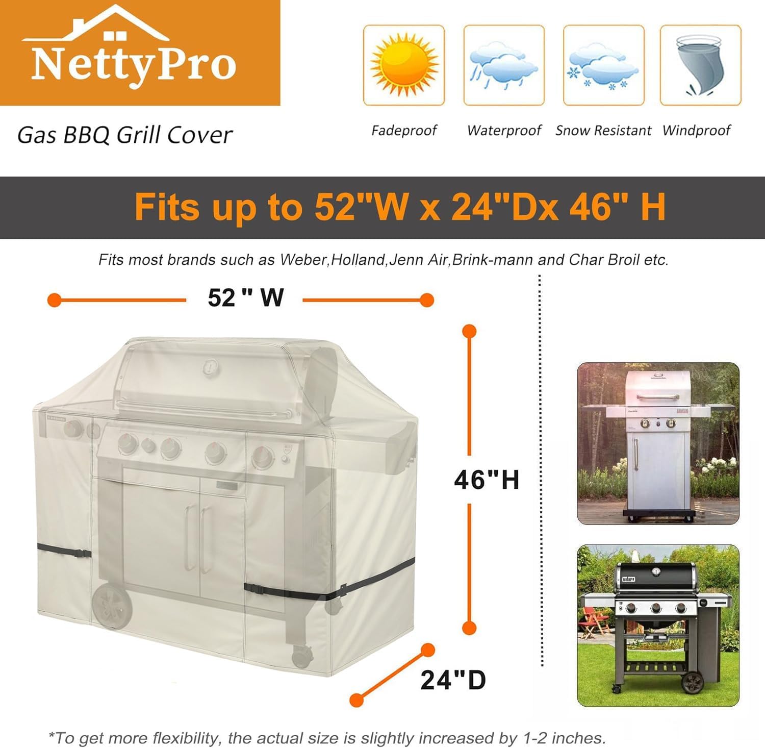NettyPro Waterproof Heavy Duty BBQ Grill Cover 52" 56“ 60” 64" 68“ Inch 3-6 Burner Gas Barbecue Grill Cover, Fits Weber Char-Broil Nexgrill Brinkmann Grills and More, Beige color, 52W | 56W | 60W | 64W | 70W X24D X46H optional