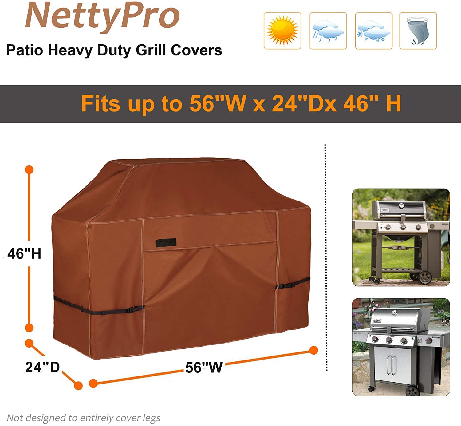 NettyPro Waterproof Heavy Duty BBQ Grill Cover 3-6 Burner Gas Barbecue Grill Cover,Fadeproof & UV Resistant, Barbecue Gas Grill Cover for Weber, Char-Broil, Brinkmann, Jenn Air, Nexgrill Grills and More, 52" 56“ 60” 68" 70“ Inch optional,Brown color