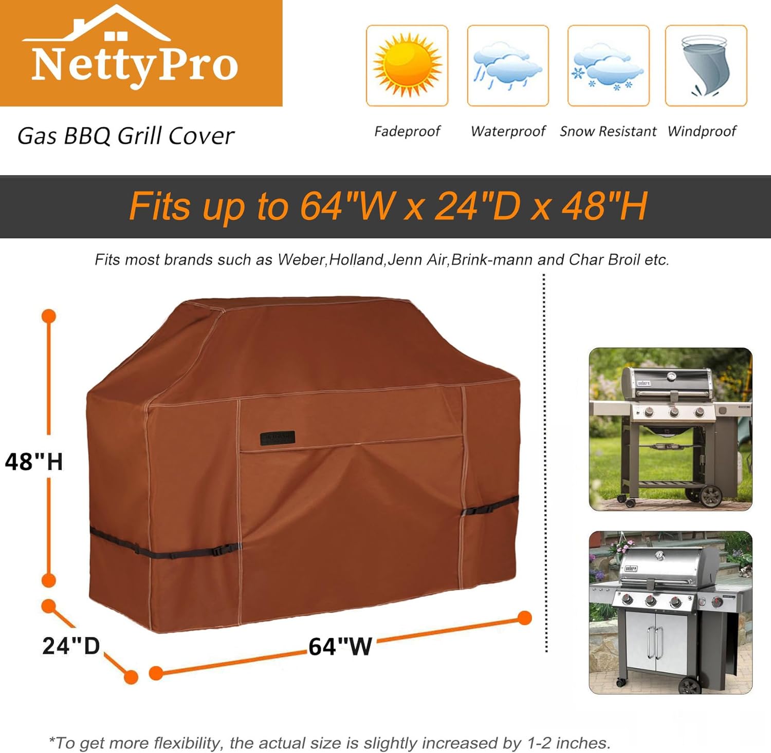 NettyPro Waterproof Heavy Duty BBQ Grill Cover 3-6 Burner Gas Barbecue Grill Cover,Fadeproof & UV Resistant, Barbecue Gas Grill Cover for Weber, Char-Broil, Brinkmann, Jenn Air, Nexgrill Grills and More, 52" 56“ 60” 68" 70“ Inch optional,Brown color