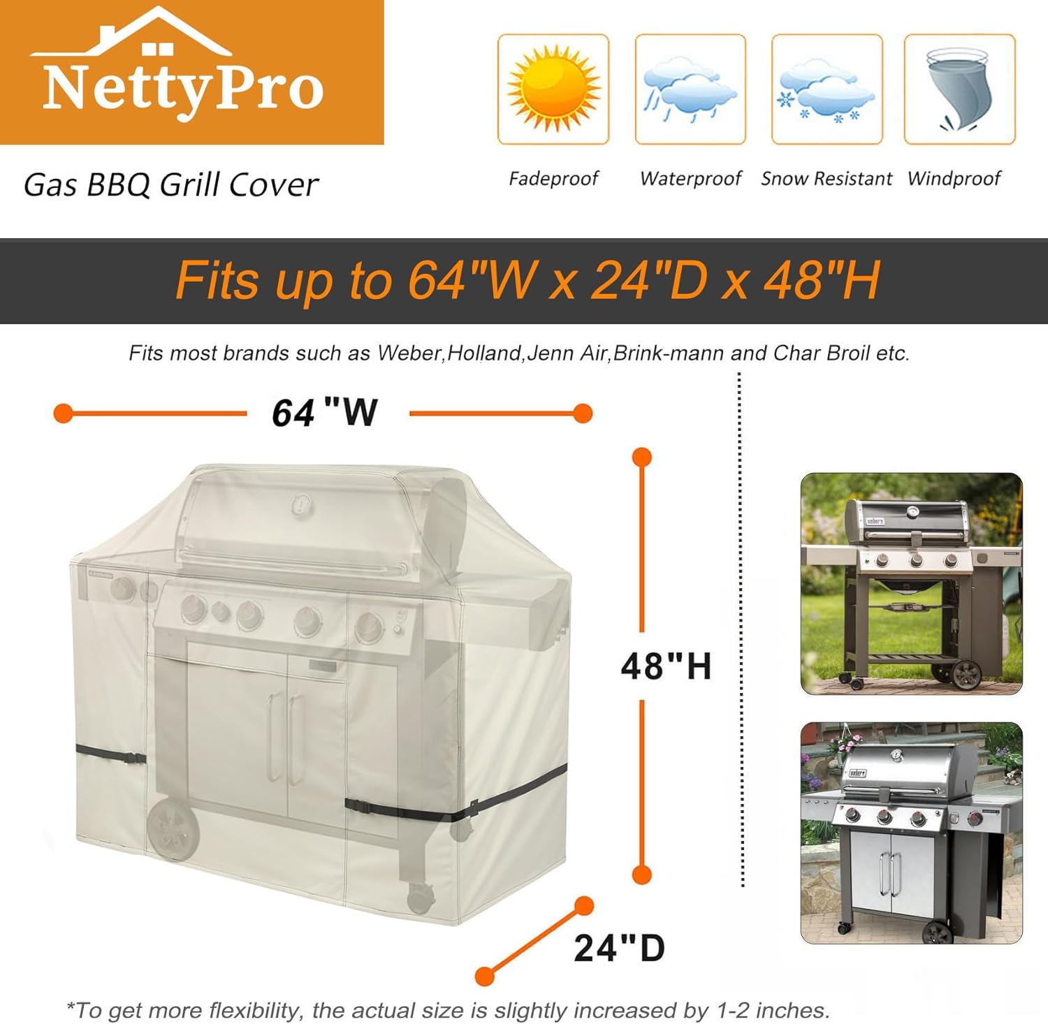 NettyPro Waterproof Heavy Duty BBQ Grill Cover 52" 56“ 60” 64" 68“ Inch 3-6 Burner Gas Barbecue Grill Cover, Fits Weber Char-Broil Nexgrill Brinkmann Grills and More, Beige color, 52W | 56W | 60W | 64W | 70W X24D X46H optional
