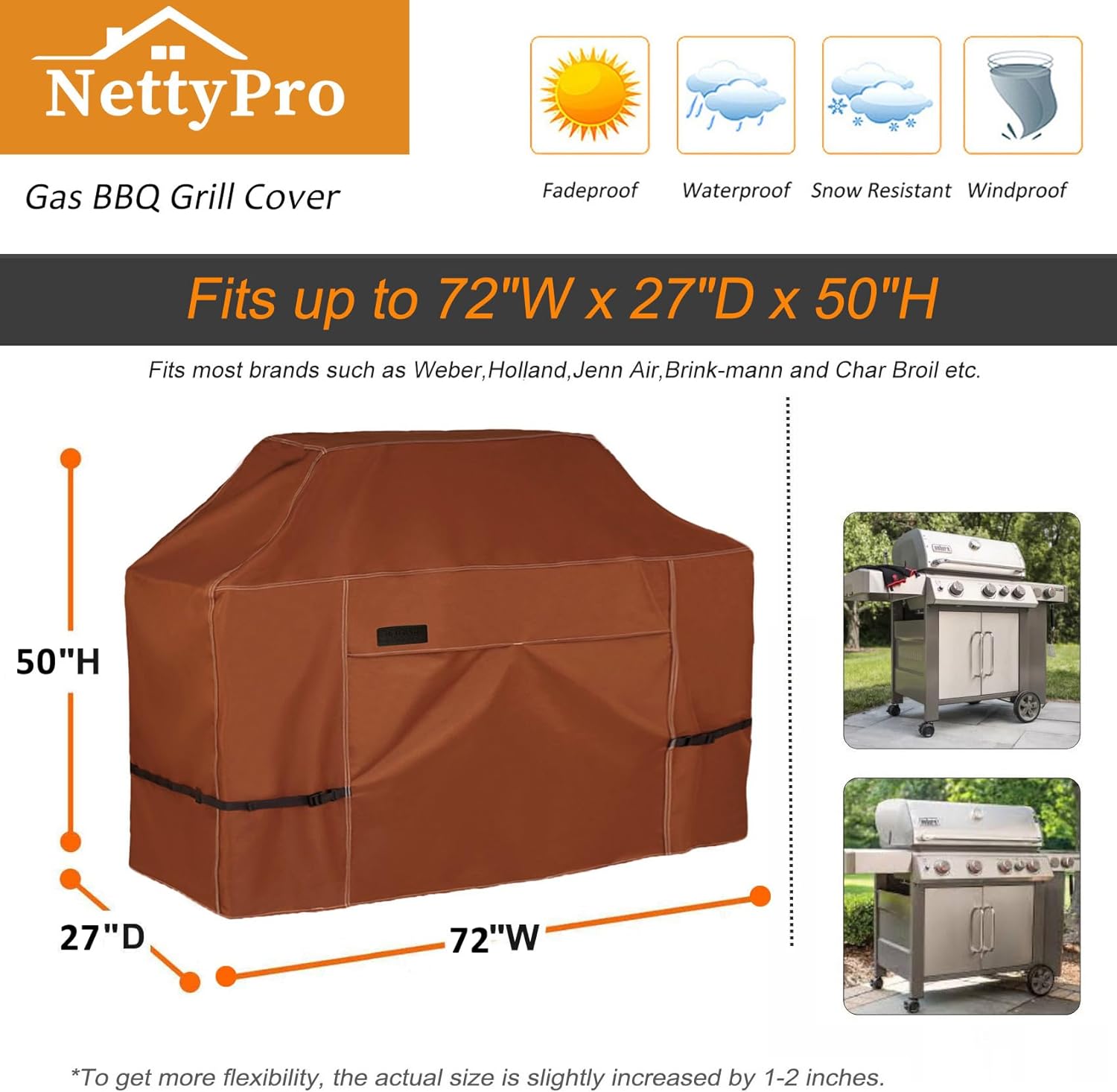 NettyPro Waterproof Heavy Duty BBQ Grill Cover 3-6 Burner Gas Barbecue Grill Cover,Fadeproof & UV Resistant, Barbecue Gas Grill Cover for Weber, Char-Broil, Brinkmann, Jenn Air, Nexgrill Grills and More, 52" 56“ 60” 68" 70“ Inch optional,Brown color
