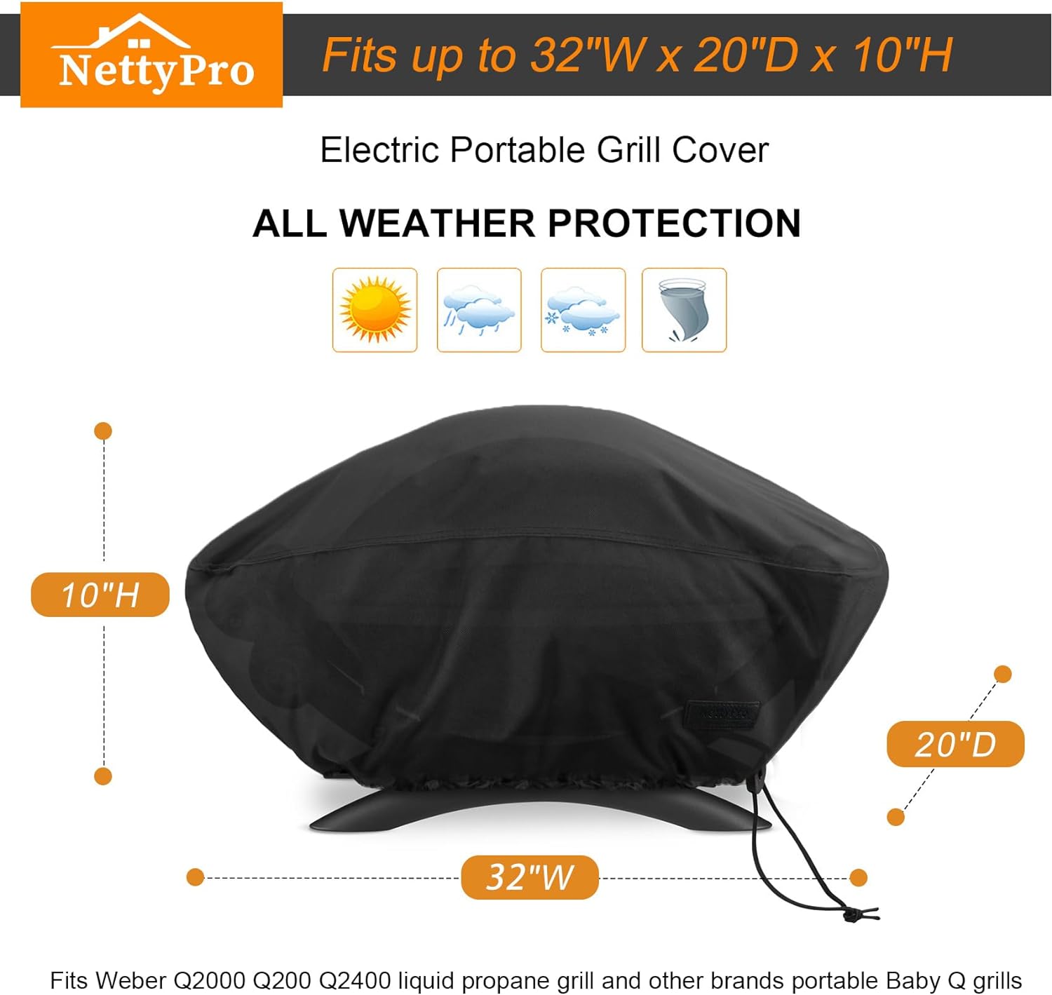 NettyPro Grill Cover for Small Q Series Grills, Waterproof Heavy Duty Portable Grill Cover for Q 1400/1000/2000/200/2400 Series and Baby Q Gas Grill, Brown and Black optional