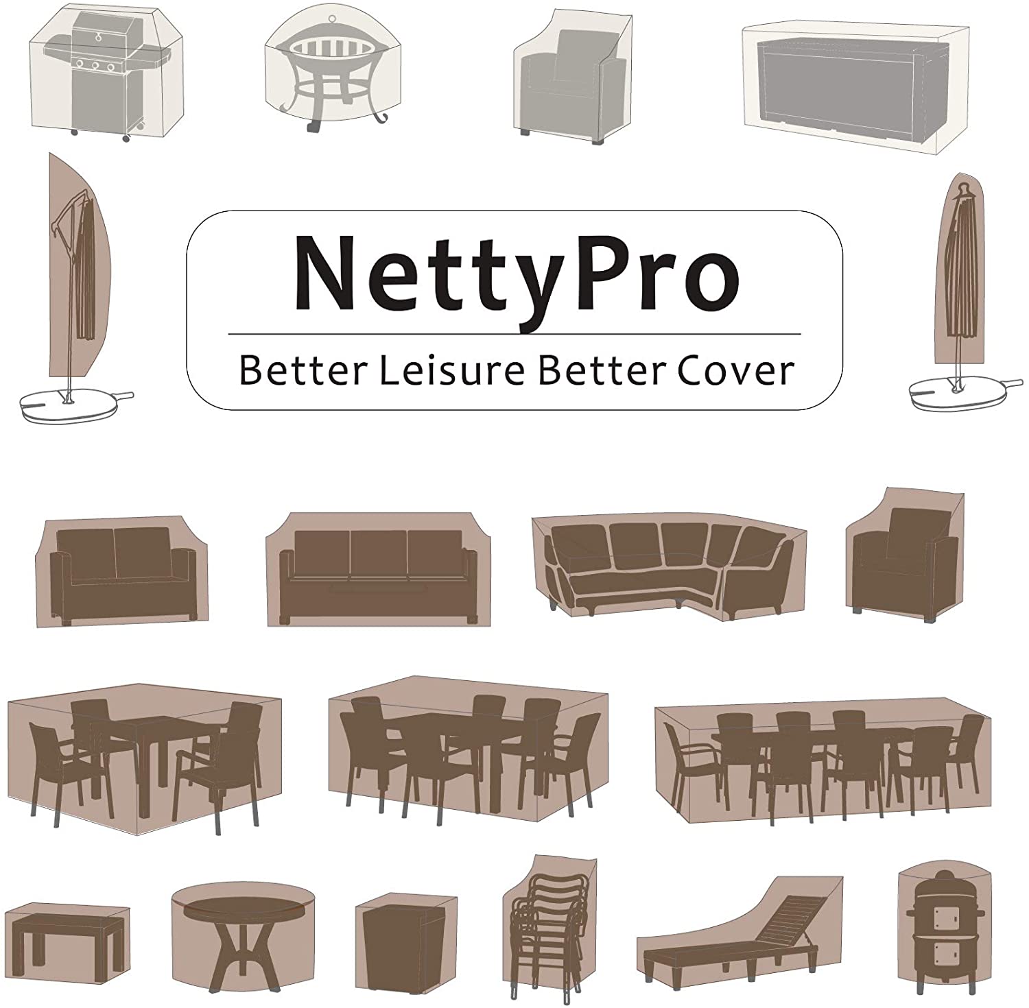 NettyPro Waterproof Heavy Duty BBQ Grill Cover 52" 56“ 60” 64" 68“ Inch 3-6 Burner Gas Barbecue Grill Cover, Fits Weber Char-Broil Nexgrill Brinkmann Grills and More, Beige color, 52W | 56W | 60W | 64W | 70W X24D X46H optional