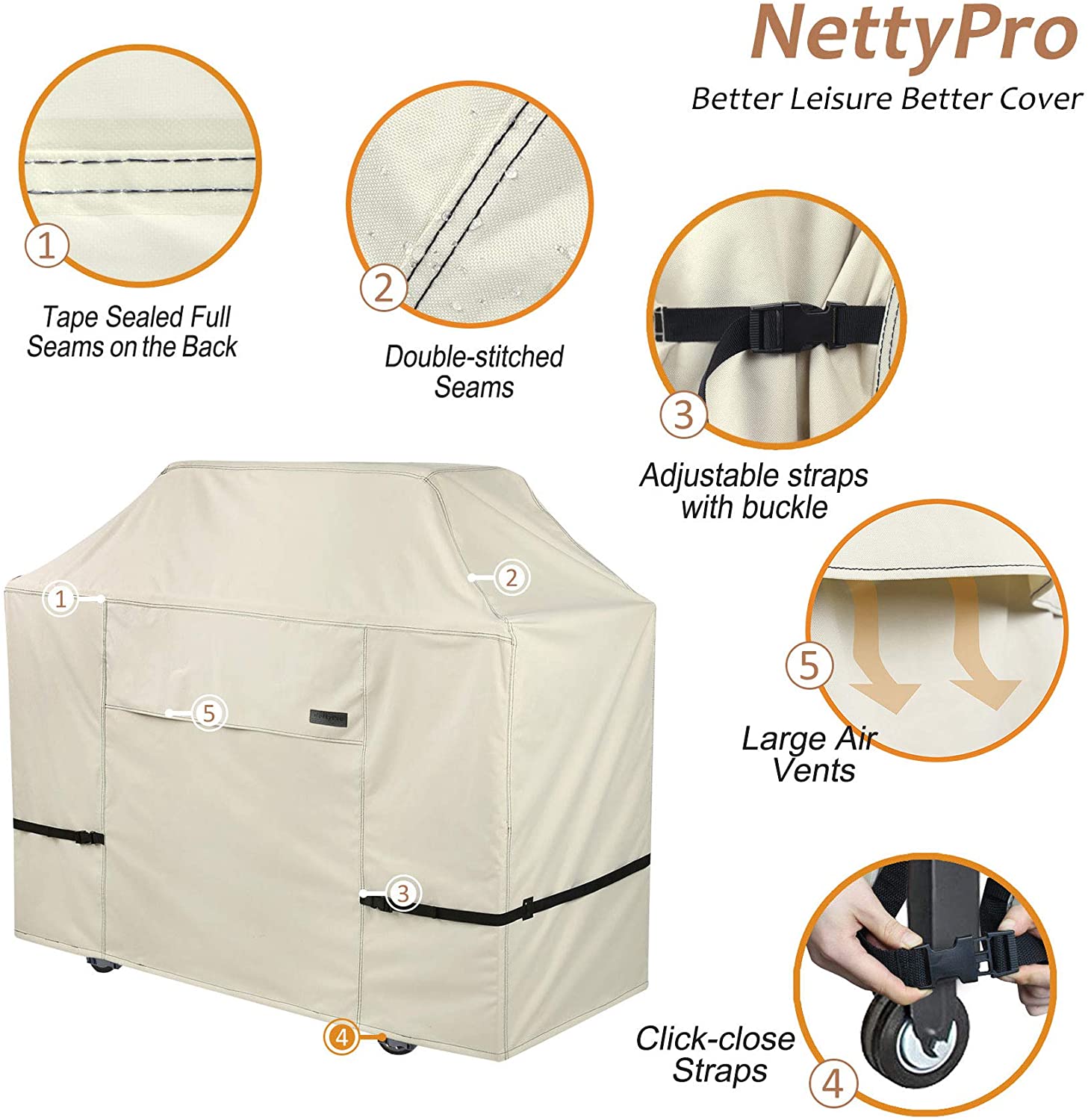 NettyPro Waterproof Heavy Duty BBQ Grill Cover 52" 56“ 60” 64" 68“ Inch 3-6 Burner Gas Barbecue Grill Cover, Fits Weber Char-Broil Nexgrill Brinkmann Grills and More, Beige color, 52W | 56W | 60W | 64W | 70W X24D X46H optional
