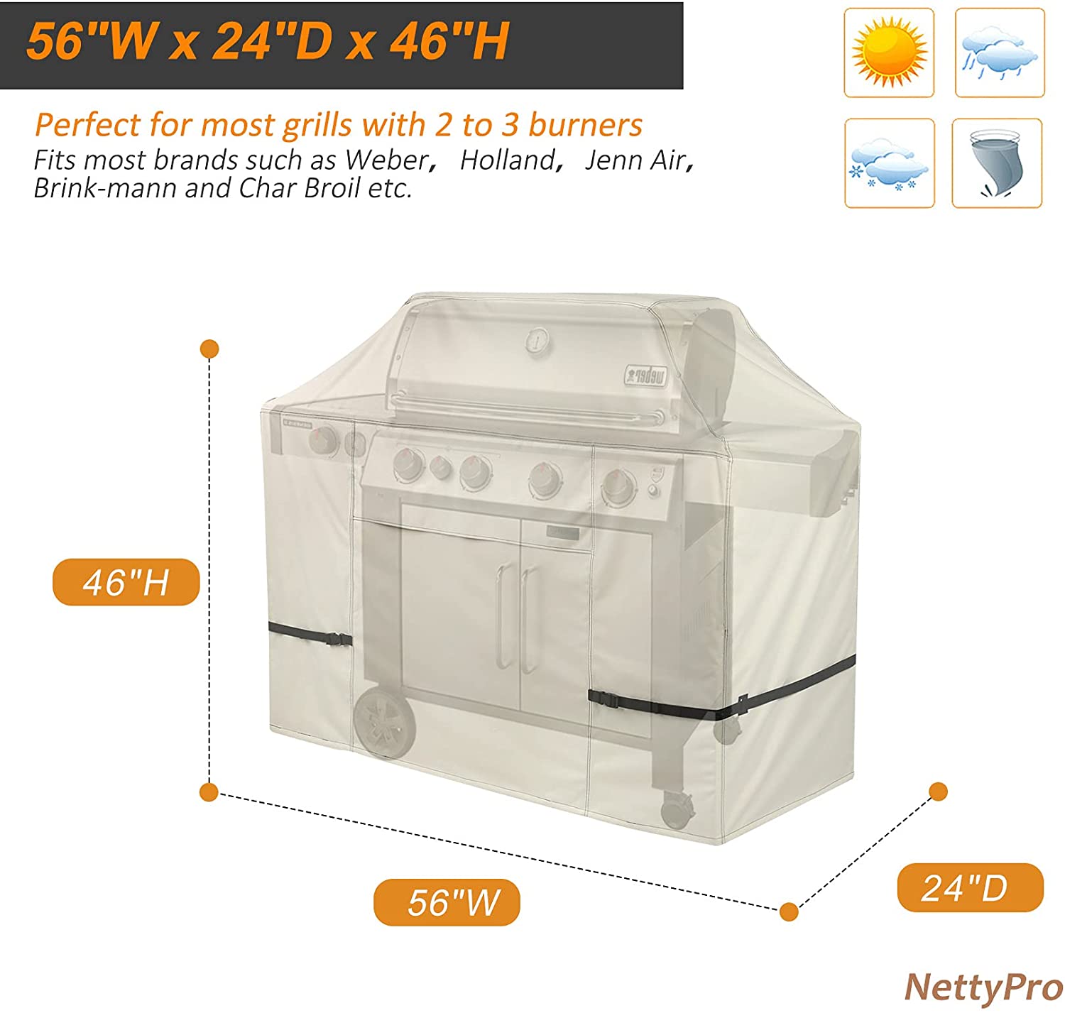 NettyPro Waterproof Heavy Duty BBQ Grill Cover 52" 56“ 60” 64" 68“ Inch 3-6 Burner Gas Barbecue Grill Cover, Fits Weber Char-Broil Nexgrill Brinkmann Grills and More, Beige color, 52W | 56W | 60W | 64W | 70W X24D X46H optional