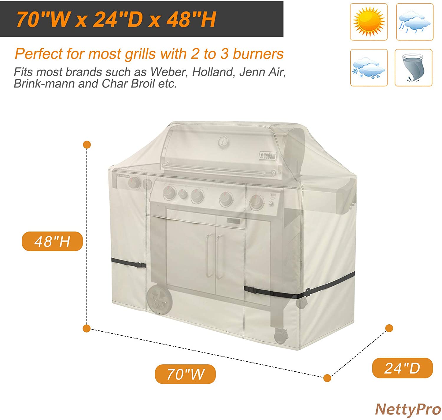 NettyPro Waterproof Heavy Duty BBQ Grill Cover 52" 56“ 60” 64" 68“ Inch 3-6 Burner Gas Barbecue Grill Cover, Fits Weber Char-Broil Nexgrill Brinkmann Grills and More, Beige color, 52W | 56W | 60W | 64W | 70W X24D X46H optional